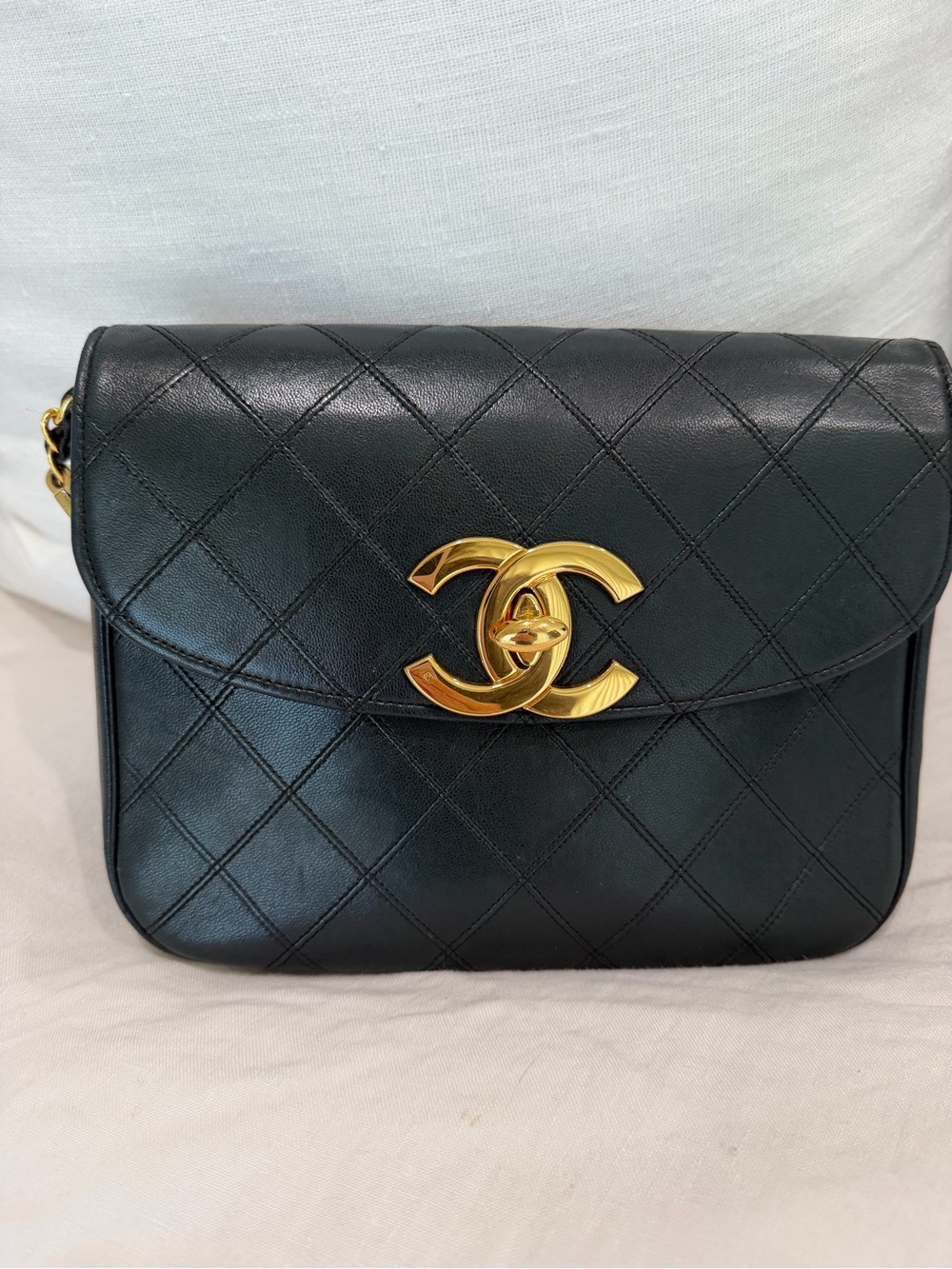 Chanel Black Quilted Leather Shoulder Bag with large Gold CC Turnlock- vintage